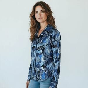 Womens Blue Diamond Top Size L Black Blue Paisley Button Front Long Sleeve
